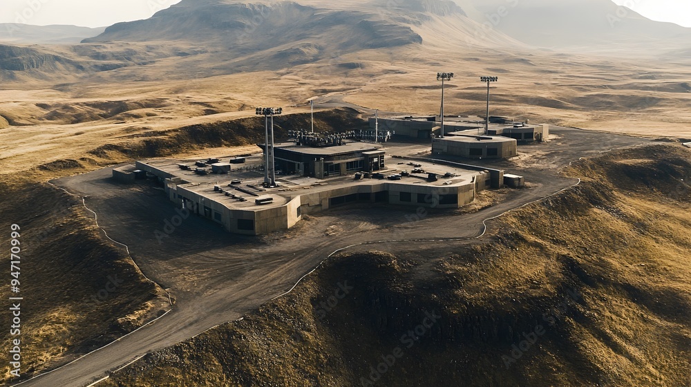 Poster drone aerial view of cutting edge military base on plateau with surveillance systems