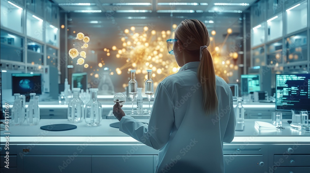 Poster A scientist conducting virtual experiments in a simulated lab environment using advanced simulation software, Modern lifestyle scene, Virtual laboratory style. Generative AI.