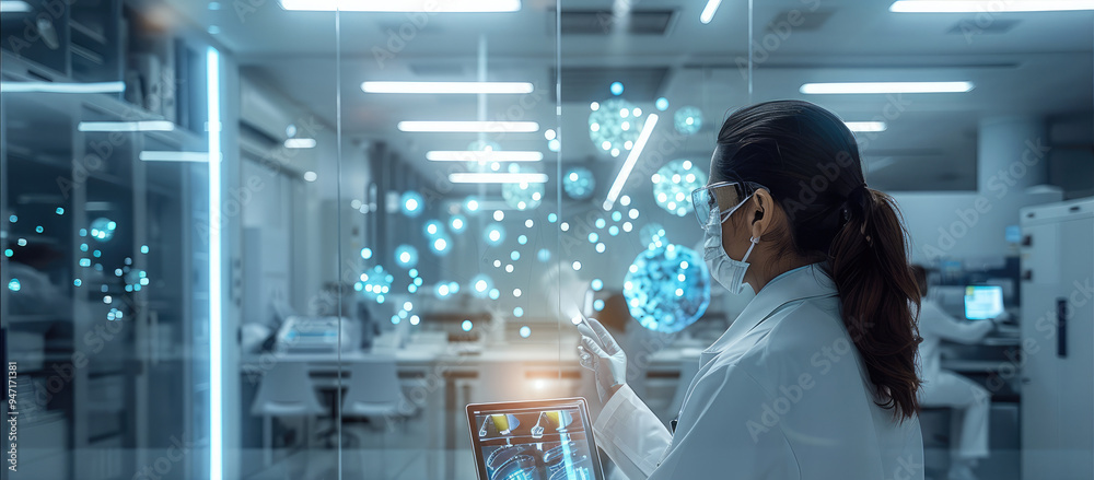 Poster A scientist conducting virtual experiments in a simulated lab environment using advanced simulation software, Modern lifestyle scene, Virtual laboratory style. Generative AI.