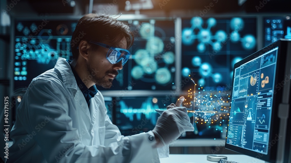 Aufkleber A scientist conducting virtual experiments in a simulated lab environment using advanced simulation software, Modern lifestyle scene, Virtual laboratory style. Generative AI.