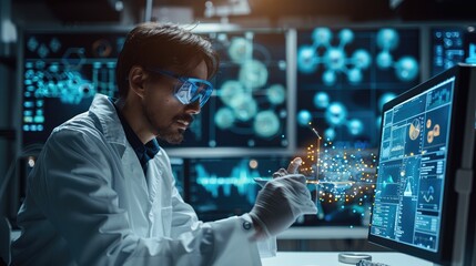 A scientist conducting virtual experiments in a simulated lab environment using advanced simulation software, Modern lifestyle scene, Virtual laboratory style. Generative AI.