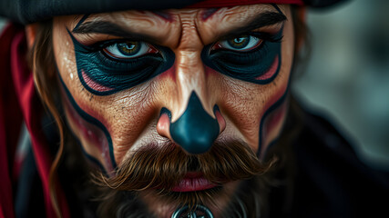 Close up of man's face with Halloween pirate costume makeup. Generative AI