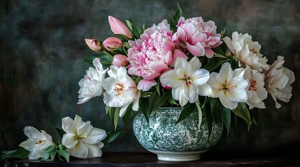Elegant Floral Arrangement of Peonies and Lilies in a Ceramic Pot