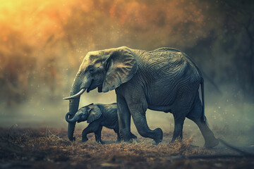Fototapeta premium A touching moment between a mother elephant and her calf in the wild, showcasing affection and the bond of wildlife family in a serene forest. Animals.