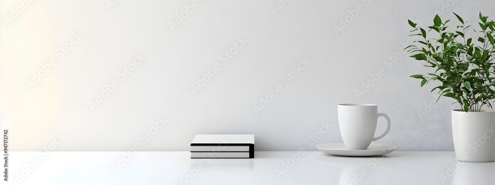 Poster elegant white desk with minimalist accessories and space for text