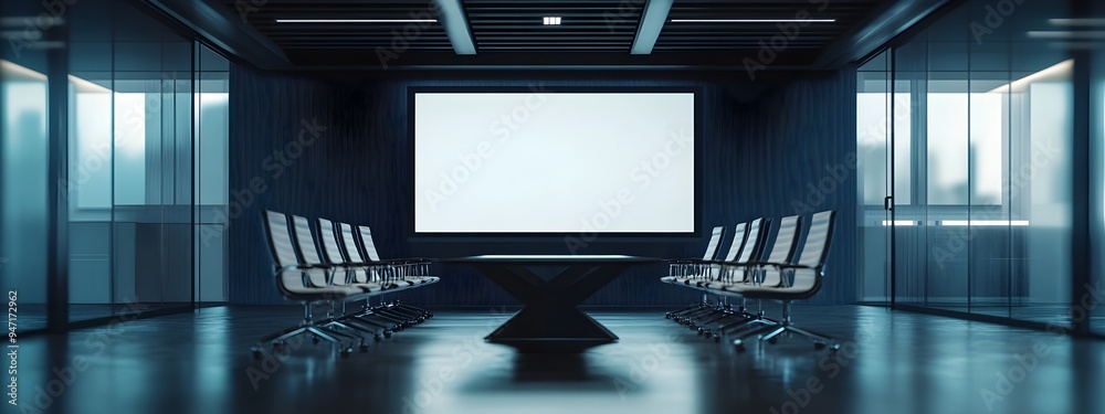 Poster empty screen for business presentation in modern office workspace