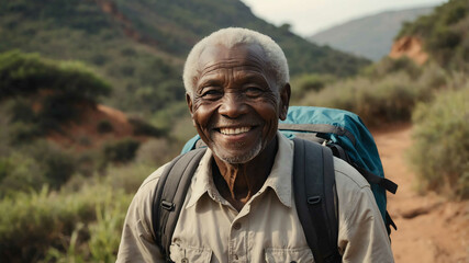 elderly african boy hiking trail background portrait