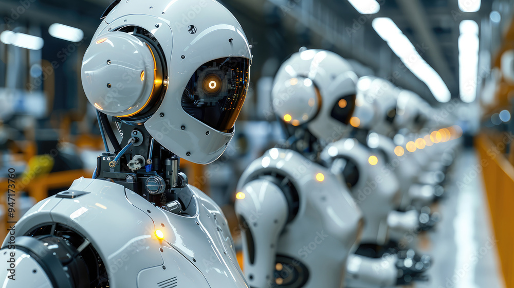 Poster Robots conducting quality assurance checks in a factory. Generative AI.