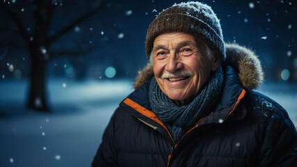 elderly caucasian boy winter night background portrait
