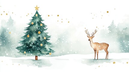 Extremely simple watercolor hand drawn geometric Christmas tree and deer, using soft green and gold tones, placed on a white background, leaving ample copywriting space and holiday design elements