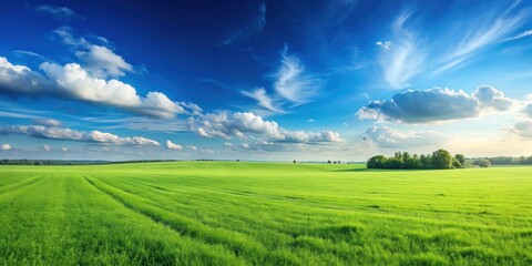 Obraz premium A vast open field with lush green grass and clear blue skies, nature, landscape, agriculture, rural, countryside, vast