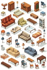 A collection of modern furniture in a flat style, suitable for use as a design concept or architectural illustration