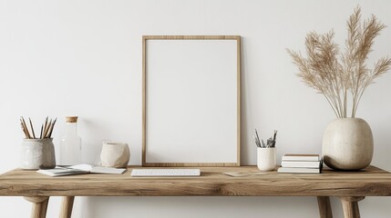 Stationery items are placed on modern wooden tabletops with a white wall background, presenting a clean and minimalist workspace layout that is perfect for office or home work environments.