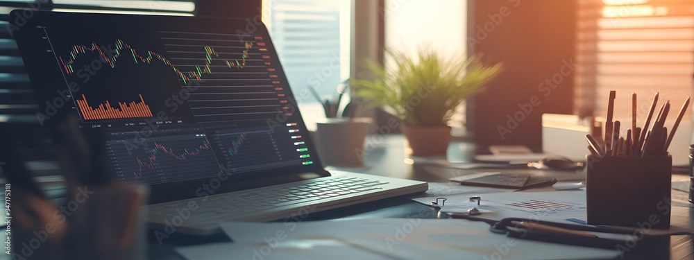 Poster Financial Data Charts and Graphs on Desk with Space for Text