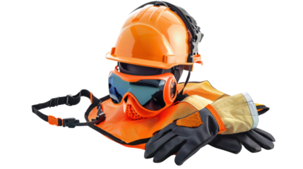 Safety equipment helmet, goggles, ear protection, vest and gloves isolated on white background