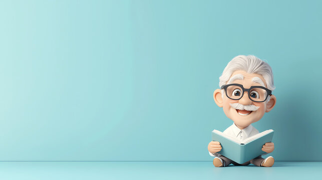 A cheerful elderly man with glasses joyfully reading a book against a light blue background, embodying wisdom and happiness.