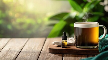 A cup of steaming tea with a bottle of essential oil on a cozy table.