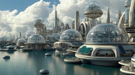Enchanting 3D Whimsical Floating City with Glass Buildings Reflecting a Golden Sunset
