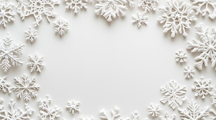Elegant New Year's snowflakes on a pristine white background, featuring a simple and clean design with a central blank space, perfect for festive greeting cards, invitations, and holiday decorations.