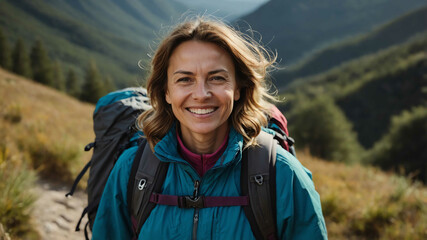 Naklejka premium middleaged caucasian girl hiking trail background portrait