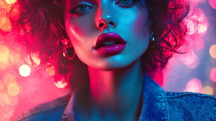 Close-up portrait of a fashionable young woman with vibrant curly hair and bold makeup, illuminated by colorful neon lights.