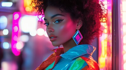 Fototapeta premium Colorful neon portrait of a fashionable woman with curly hair and vibrant makeup in urban nightlife setting.