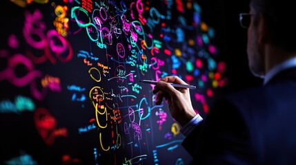 A businessman writing on a whiteboard covered in colorful notes and diagrams.