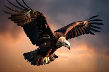 Obraz premium Majestic Eagle Soaring Through Dramatic Sky at Sunset
