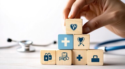 Hand arranging wooden blocks with healthcare symbols, representing medical services.