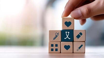 Hand placing a wooden block with a heart symbol on top of a stack of blocks with medical icons.