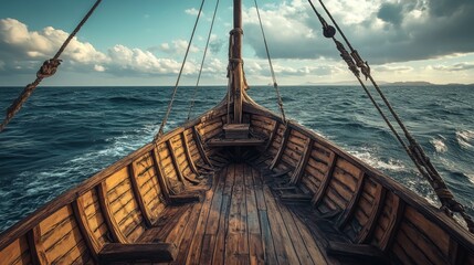 Illustration of a Viking boat deck with a view of the ocean, featuring a central perspective showing part of the large wooden deck and the expansive sea in the background, depicted in a cartoon style