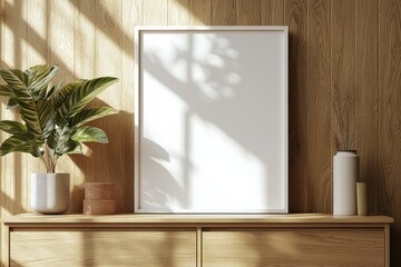 Fototapeta premium Poster Frame Mockup on Wooden Interior Background created with Generative AI