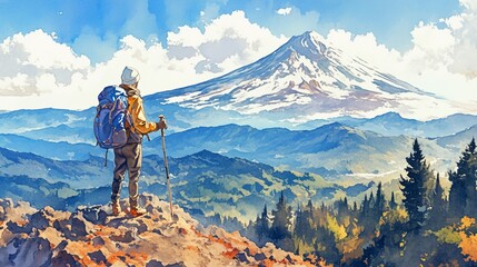 登山装備の男性と山の風景15
