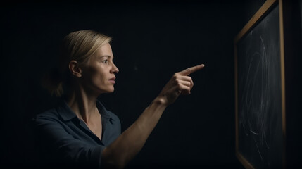 Obraz premium Woman Pointing to Chalkboard Dark Background Instruction Lesson Education