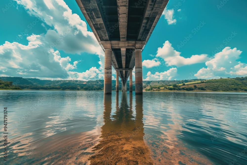 Poster a serene image of a bridge spanning across a calm body of water, suitable for use in travel, landsca