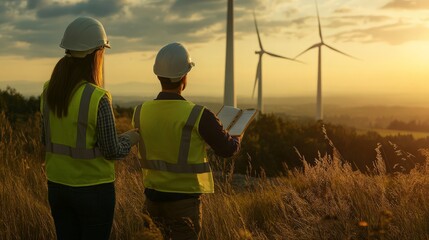 Engineers in yellow vests and helmets inspect wind turbines at sunset. They analyze data to enhance renewable energy efficiency.