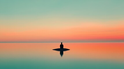 Fototapeta premium A tranquil pond reflecting the sky, with a solitary figure seated at its edge, capturing a moment of quiet reflection and emotional release in a peaceful natural setting.