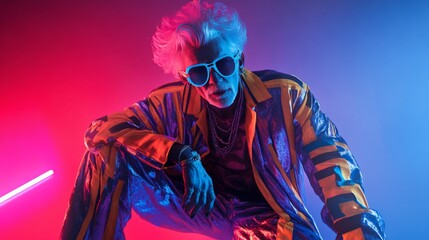 Naklejka premium Fashionable person with neon lights and colorful attire. Futuristic and stylish pose against a vibrant, illuminated background.