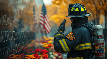 A firefighter salutes in front of a memorial wall engraved with the names of 9/11 heroes, surrounded by American flags and flowers.
