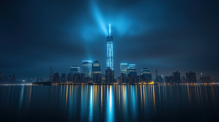 Fototapeta premium A tranquil early morning landscape shows a panorama of a large American city with majestically towering skyscrapers, bathed in soft morning light.