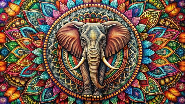 Intricate African tribal art featuring an elephant surrounded by vivid mandala designs, elephant, African, tribal, art
