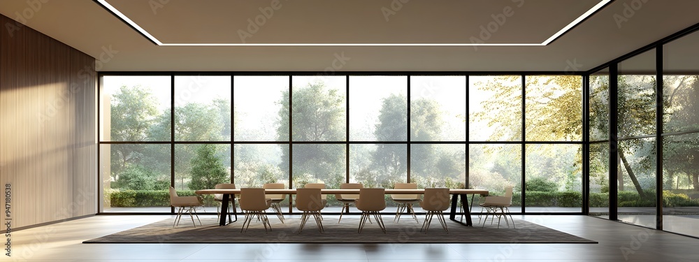 Aufkleber minimalist and bright meeting room with large windows and open space