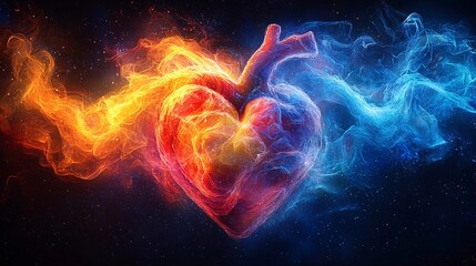 An artistic rendition of a human heart with colorful, flowing ribbons emerging from it, symbolizing life and creativity.