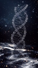 Obraz premium An intricate, geometric DNA sequence made of connected lines and dots, floating in a dark, futuristic digital landscape
