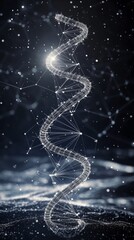 An intricate, geometric DNA sequence made of connected lines and dots, floating in a dark, futuristic digital landscape