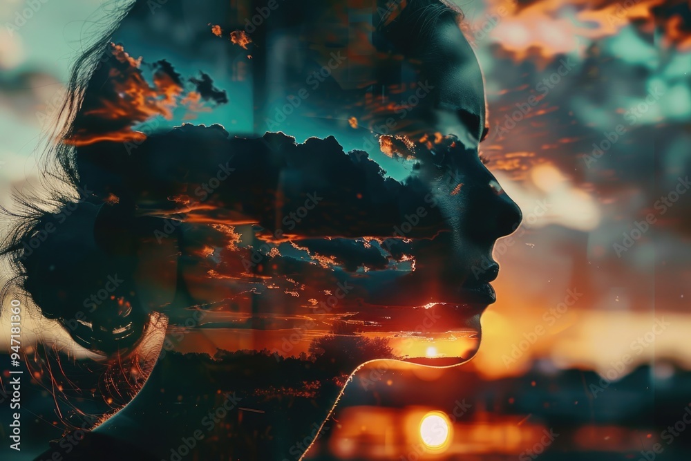 Wall mural portrait of a woman looking out at a beautiful sunset