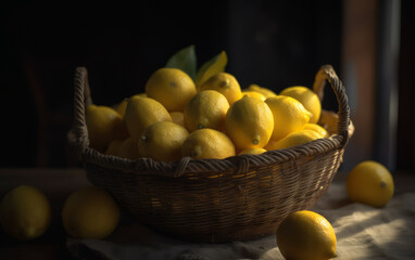 Fresh Lemons in a Wicker Basket on a Table