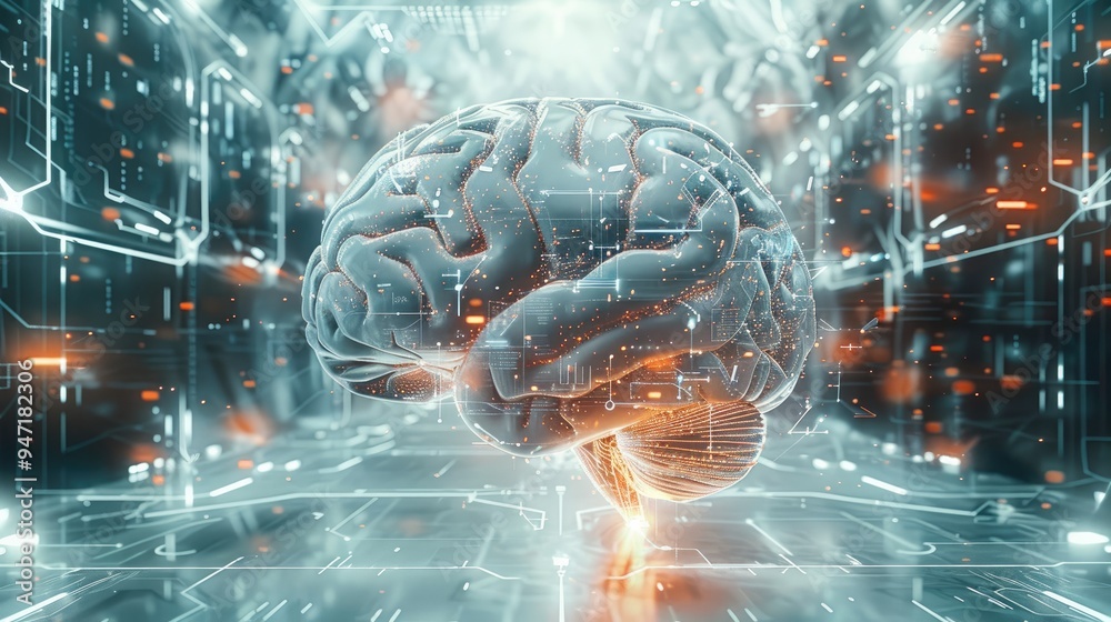 Poster An abstract composition of geometric shapes and lines, with a central AI brain symbolizing the complexity and intelligence of artificial system. Generative AI.