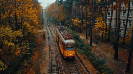 Fototapeta premium Tram on railroad in autumn forest
