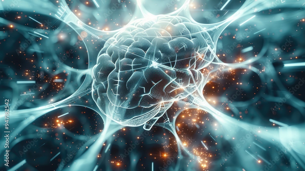 Poster An abstract composition of geometric shapes and lines, with a central AI brain symbolizing the complexity and intelligence of artificial system. Generative AI.